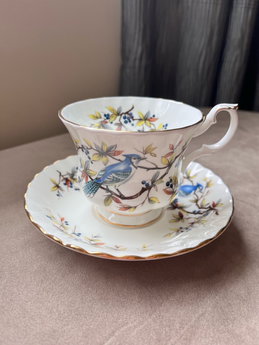 Royal Albert Blue Bird England Teacup & Saucer with Gold Trim